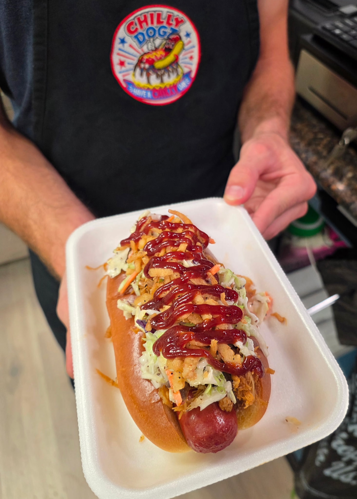 Baltimore Porky with pulled pork, coleslaw, crispy onions and BBQ sauce