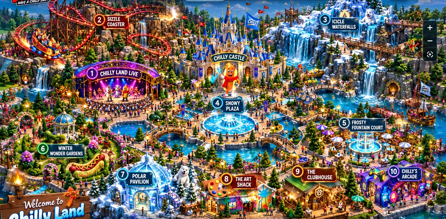 Chilly Land’s original park map: Sizzle Coaster and the live stage on the left, Chilly Castle in the center, Icicle Waterfalls and fountain court on the right, and village buildings across the front.